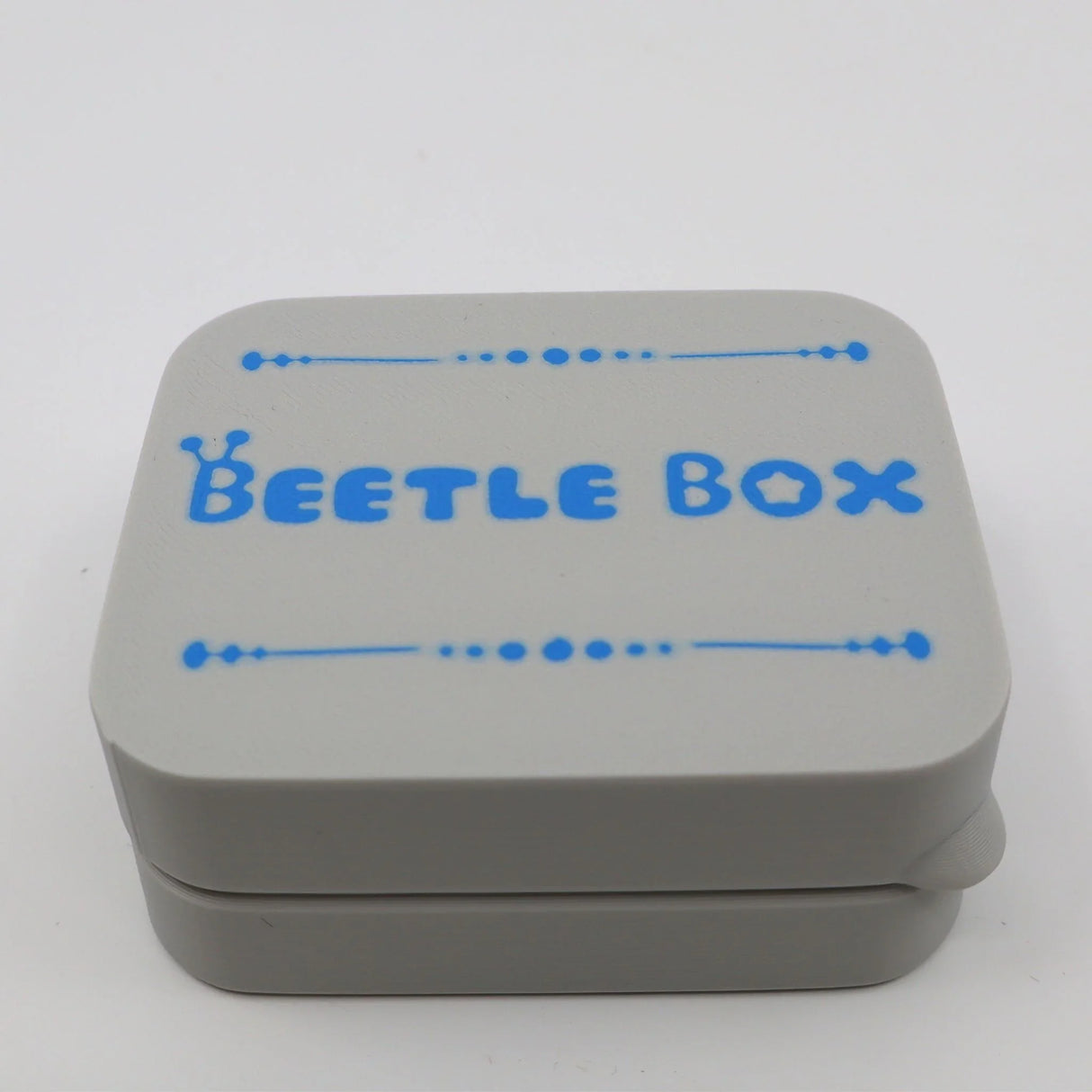 Gray plastic Beetle Box case with blue lettering, sensory toy storage container.