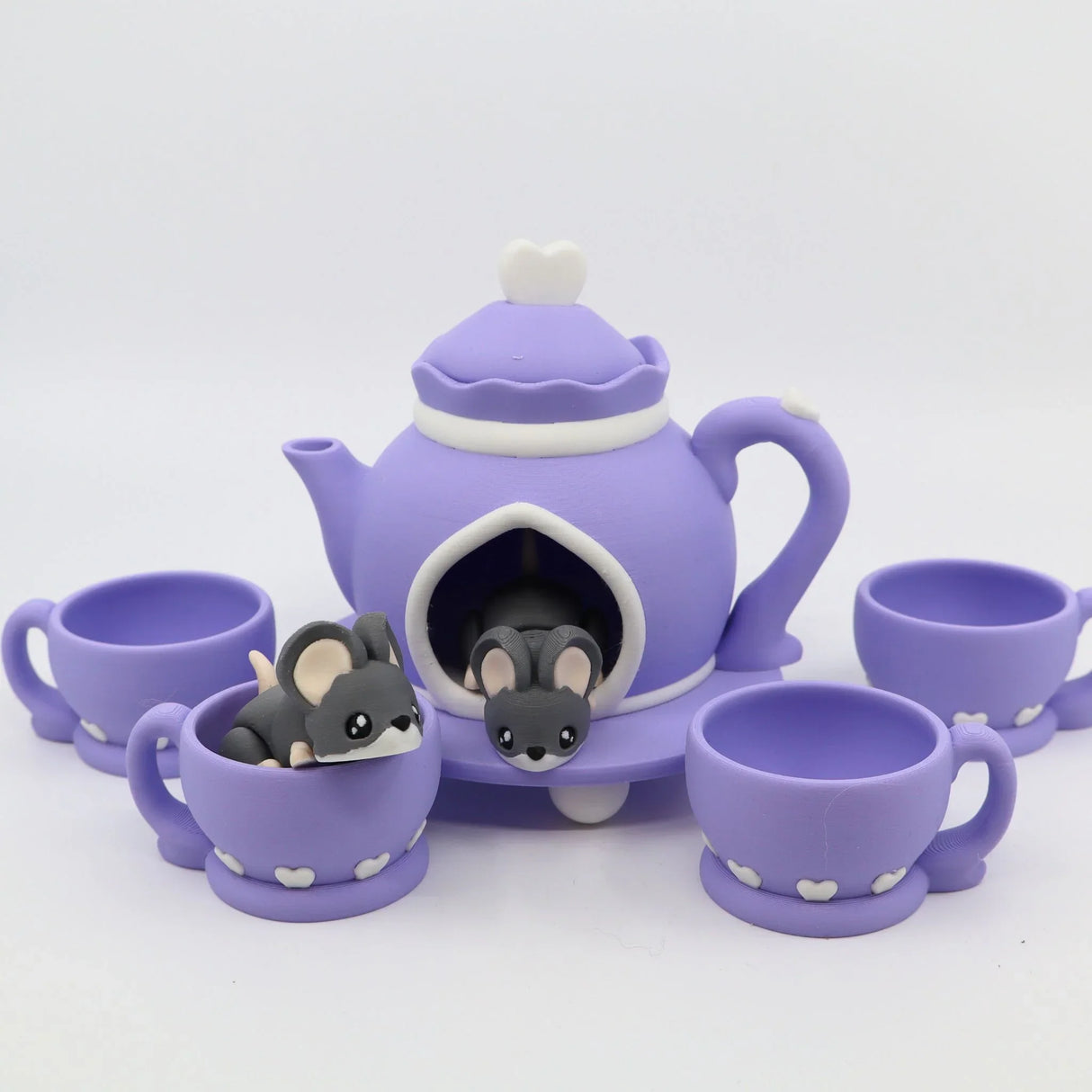 Purple 3D printed teapot and cups with cute mouse figures, sensory toy playset