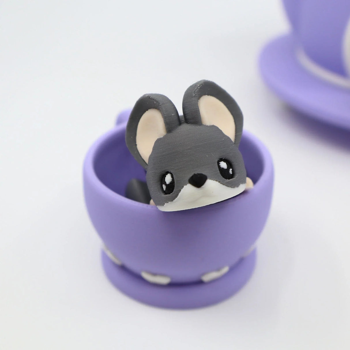 Cute 3D printed mouse toy in a purple teacup, sensory play, educational toy for children