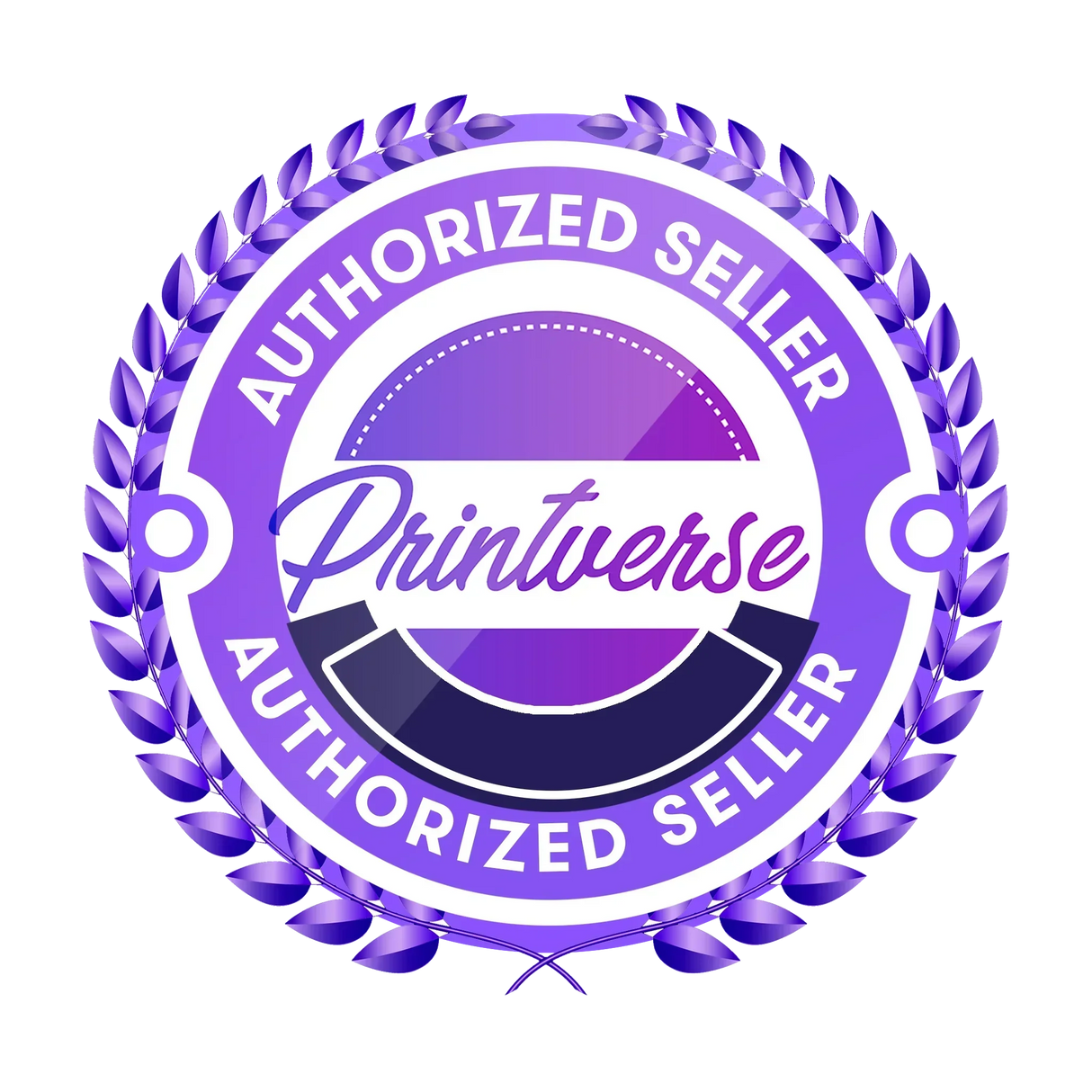 Printverse Authorized Seller badge with purple laurel wreath design