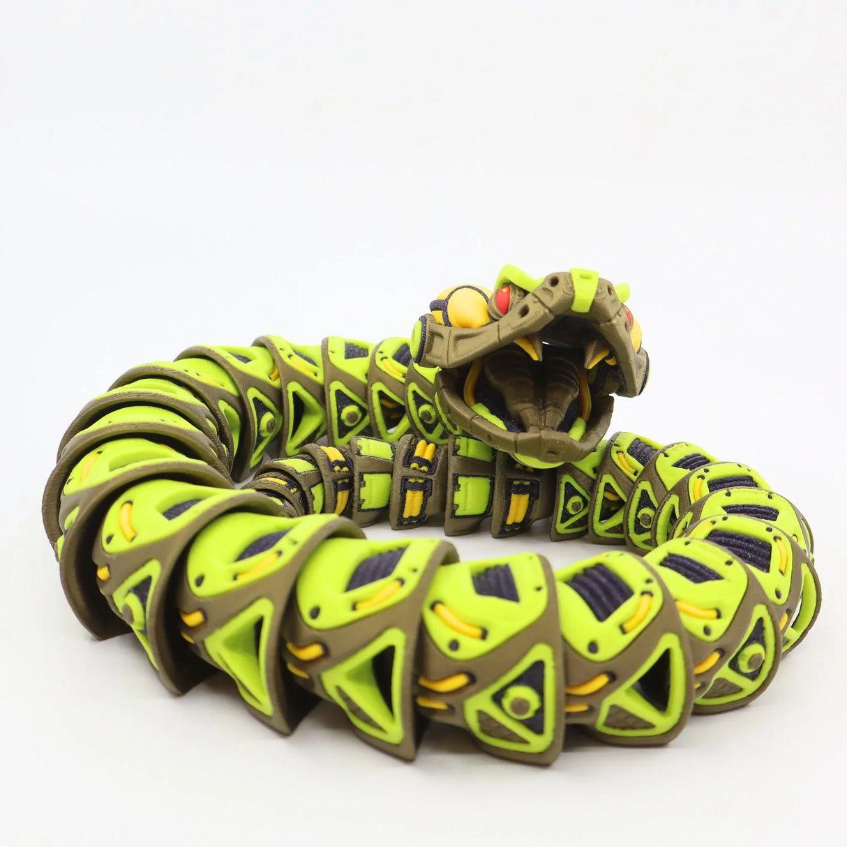 3D printed green and yellow robotic snake sensory toy with articulated segments on white background