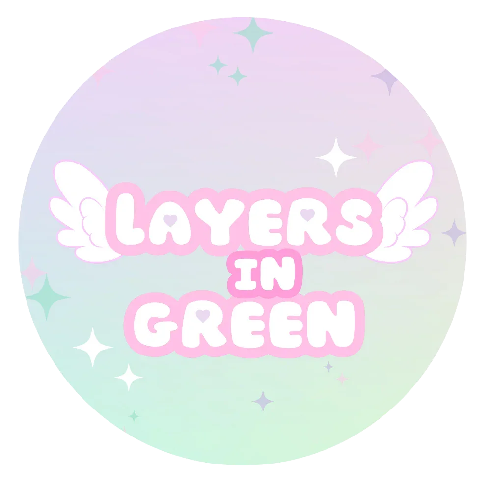 Layers in Green pastel logo with winged text and sparkles for sensory toys