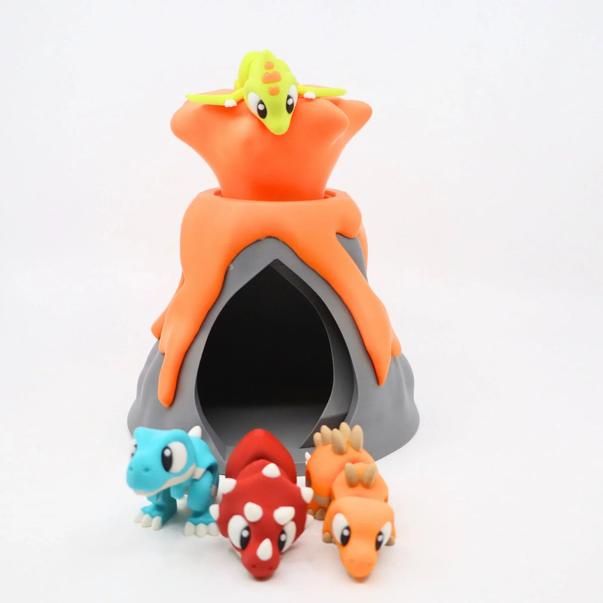 Colorful 3D printed sensory volcano toy with four cute dinosaur figures for kids.