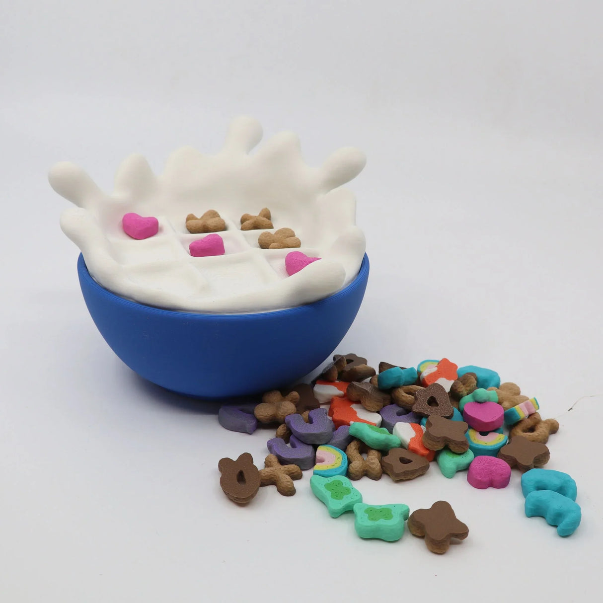 Colorful 3D printed cereal bowl tic-tac-toe sensory toy with assorted game pieces