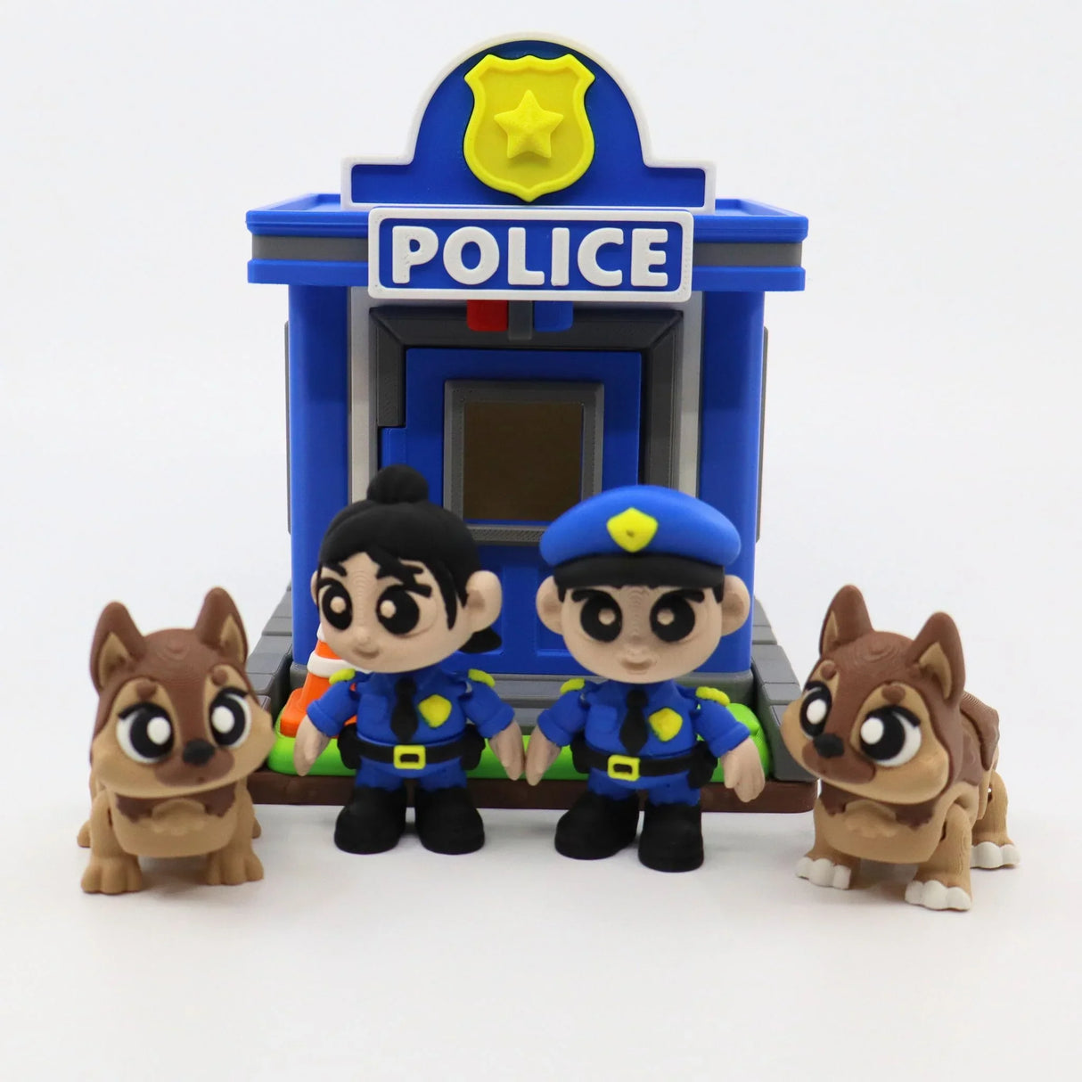 3D printed police station toy with officer figures and dogs, sensory playset for kids