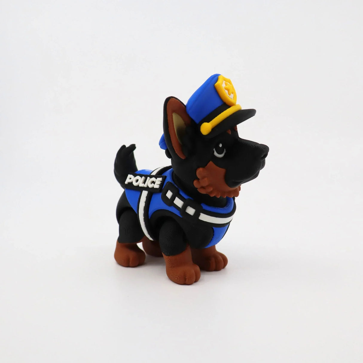3D printed police dog toy with blue vest and hat, sensory fidget for kids