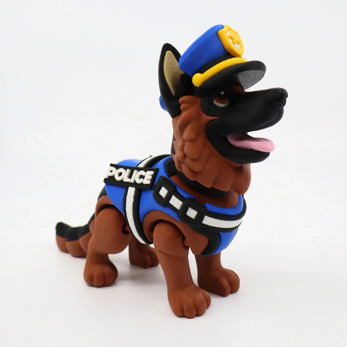 3D printed police dog toy with blue vest and hat, sensory fidget for kids