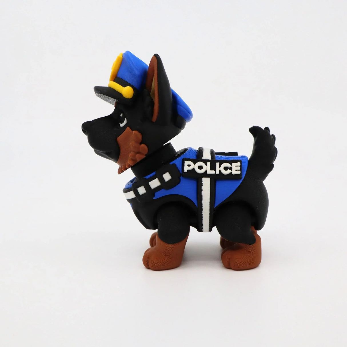 3D printed police dog toy with blue vest and hat, sensory fidget for kids