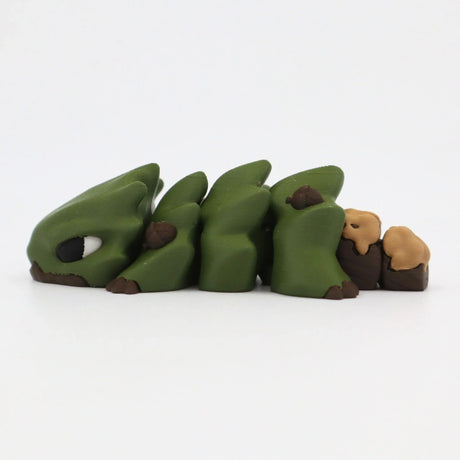 Green 3D printed sensory caterpillar toy with flexible segments on white background