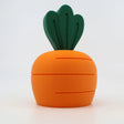 3D printed carrot-shaped sensory toy with green leafy top on white background