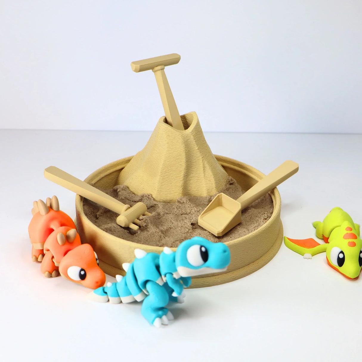 3D printed dinosaur sensory toy set with sandbox, volcano and colorful dinosaur figures