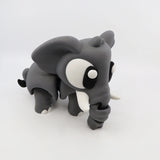 3D printed gray elephant sensory toy with large eyes and curved trunk on white background