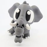 3D printed gray elephant sensory toy with large eyes and movable trunk on white background