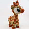 3D printed sensory giraffe toy with orange spots and large eyes on white background