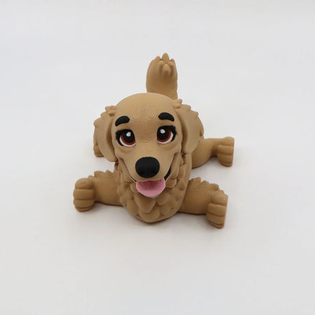 3D printed golden retriever fidget toy with expressive eyes and pink tongue, sensory-friendly design