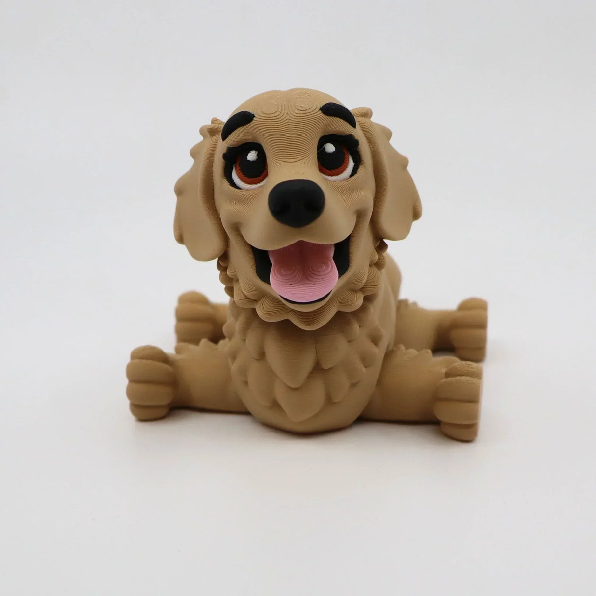 3D printed golden retriever fidget toy with expressive eyes and pink tongue, ideal for sensory play
