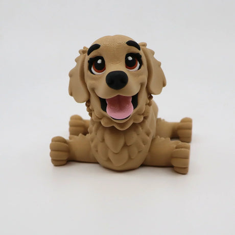 3D printed golden retriever fidget toy with expressive eyes and pink tongue, ideal for sensory play