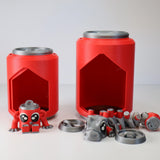 3D printed sensory toy pieces and red storage cans for kids, animal and robot designs
