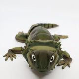 3D printed green sensory toy lizard with textured back and large eyes on white background