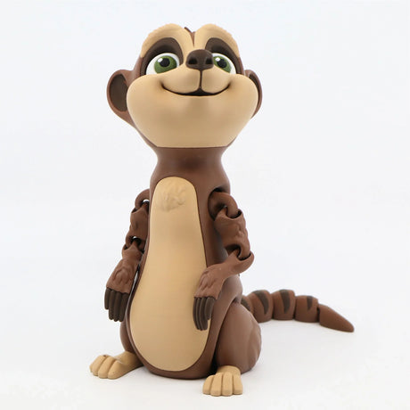 3D printed brown meerkat sensory toy with articulated limbs and green eyes, on white background.