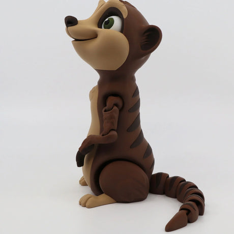 3D printed brown meerkat sensory toy with flexible limbs on white background