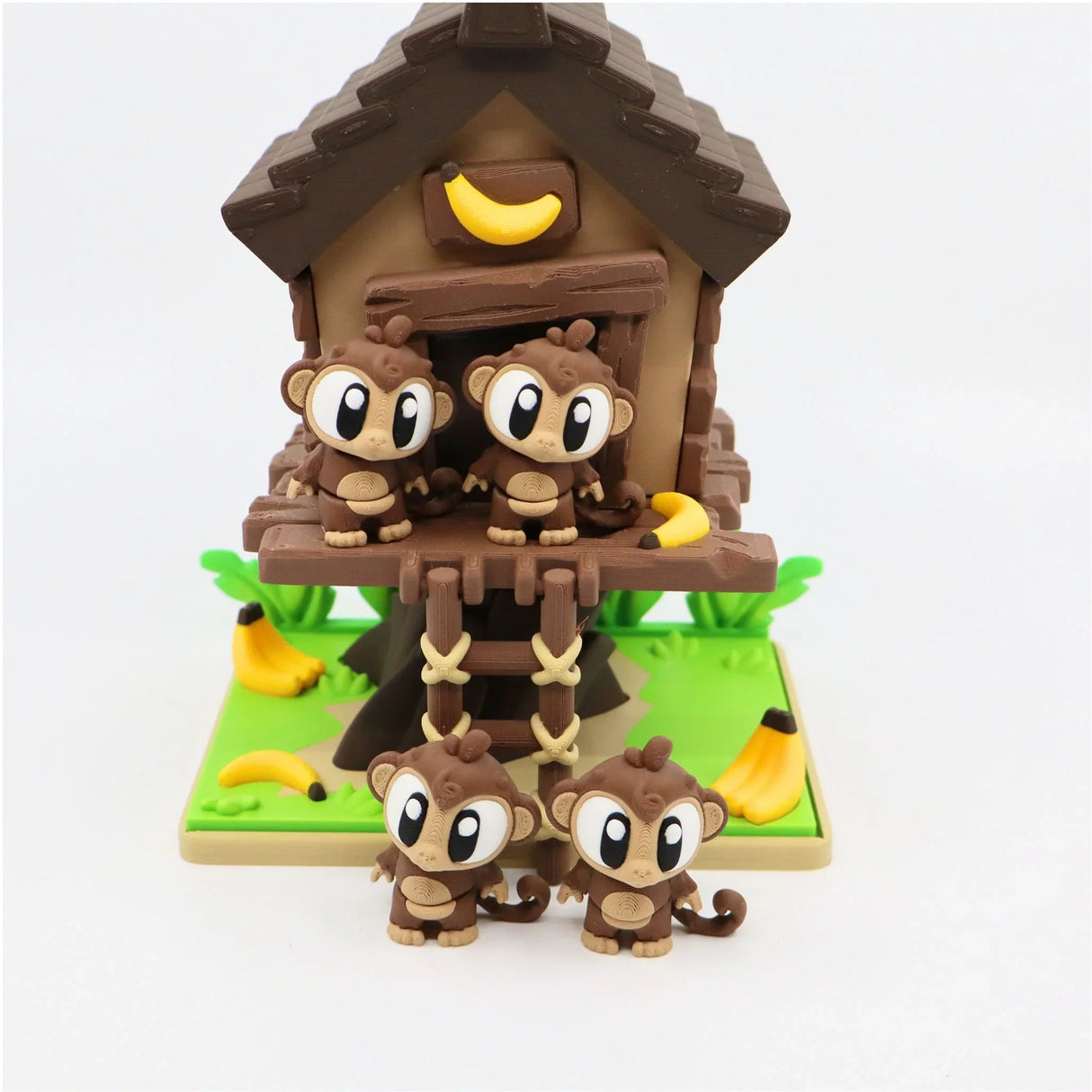 3D printed monkey sensory toy set with treehouse and bananas, educational play figures