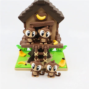 3D printed monkey sensory toy set with treehouse and bananas, educational play figures
