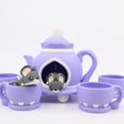 Purple 3D printed tea set with cute mouse toys in teapot and cups, sensory play set
