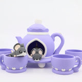 Purple 3D printed tea set with cute mouse toys in teapot and cups, sensory play set