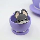 Cute 3D printed mouse toy in a purple teacup, sensory play, educational toy for children
