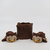 3D printed sensory toy set with two brown owls and a tree stump on white background