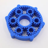 Blue 3D printed planetary gear fidget toy with seven interlocking gears