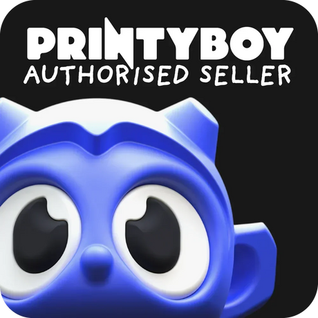 Blue 3D printed fidget toy with large eyes, labeled Printyboy Authorized Seller