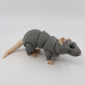 Gray 3D printed sensory rat toy with jointed segments and beige feet, on white background.