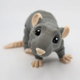 Cute gray 3D printed rat sensory toy with big eyes and beige paws on white background.