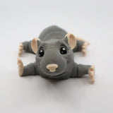 3D printed gray rat sensory toy with cute face, large eyes, and poseable limbs on white background