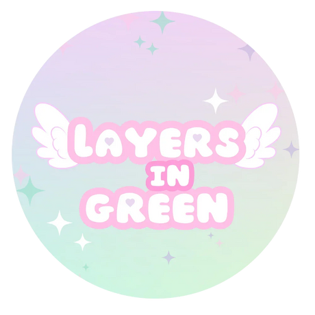 Layers in Green pastel logo with winged text and sparkles for sensory toys