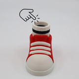 Red and white 3D printed sneaker fidget toy with clickable top for sensory play