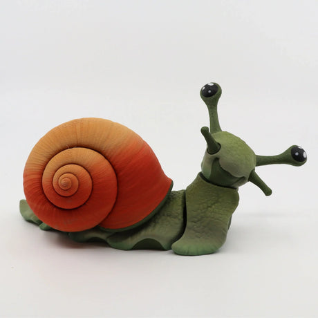 3D printed sensory snail toy with textured green body and orange spiral shell