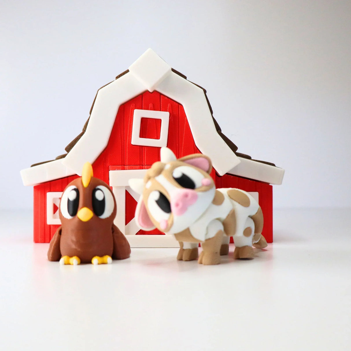 3D printed sensory toy barn with cute cow and chicken figurines for kids