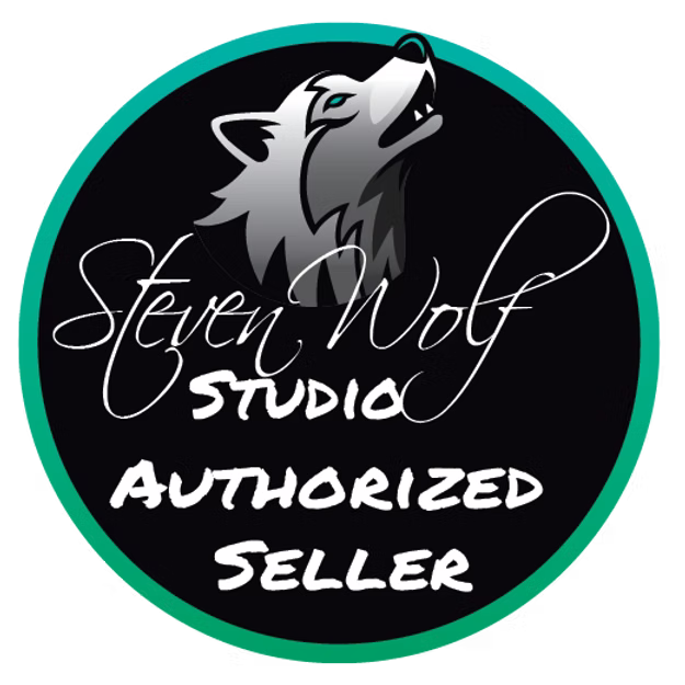 Steven Wolf Studio authorized seller badge with howling wolf logo