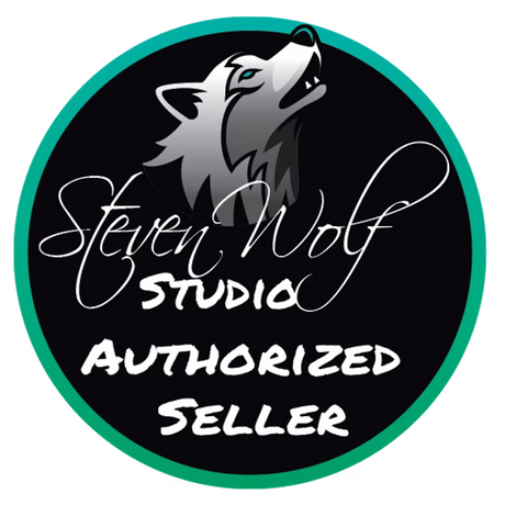 Steven Wolf Studio authorized seller badge with howling wolf logo