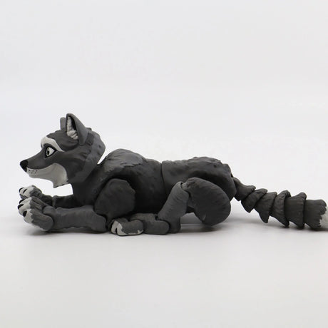 Gray 3D printed sensory wolf toy with articulated limbs on white background