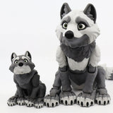 Two gray and white 3D printed wolf sensory toys with expressive faces on a white background.
