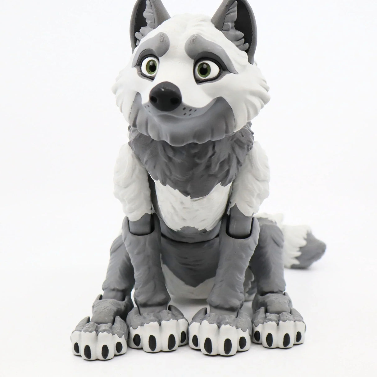 Cute gray and white 3D printed wolf toy, articulated sensory fidget for children