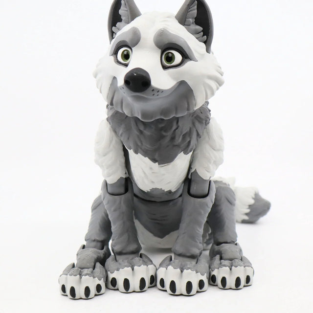 Cute gray and white 3D printed wolf toy, articulated sensory fidget for children