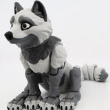 Gray and white 3D printed wolf sensory toy with articulated limbs on white background