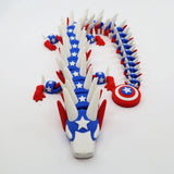 3D printed patriotic dragon fidget toy with stars, shield, and flexible segments for sensory play