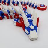 3D printed patriotic flexi dragon fidget toy with stars, stripes, and shield for sensory play