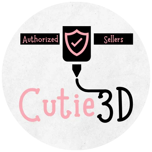 Authorized seller badge with shield icon and Cutie3D text in pink and black, 3D printed toy logo